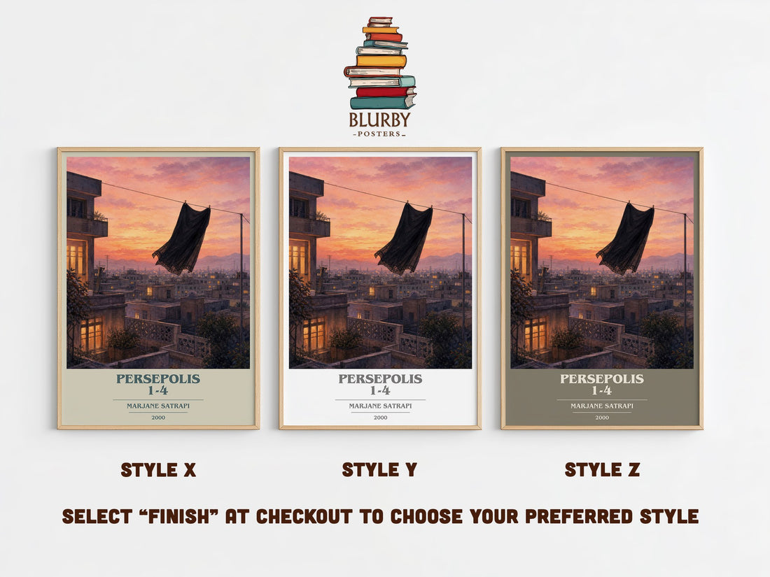 Persepolis 1-4 book cover print in frame leaning in hallway – memoir wall art (mockup)