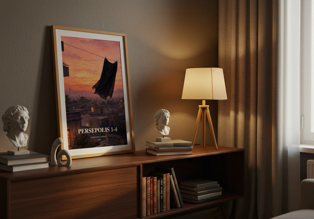 Persepolis 1-4 watercolour print on bookshelf – Marjane Satrapi fan gift
