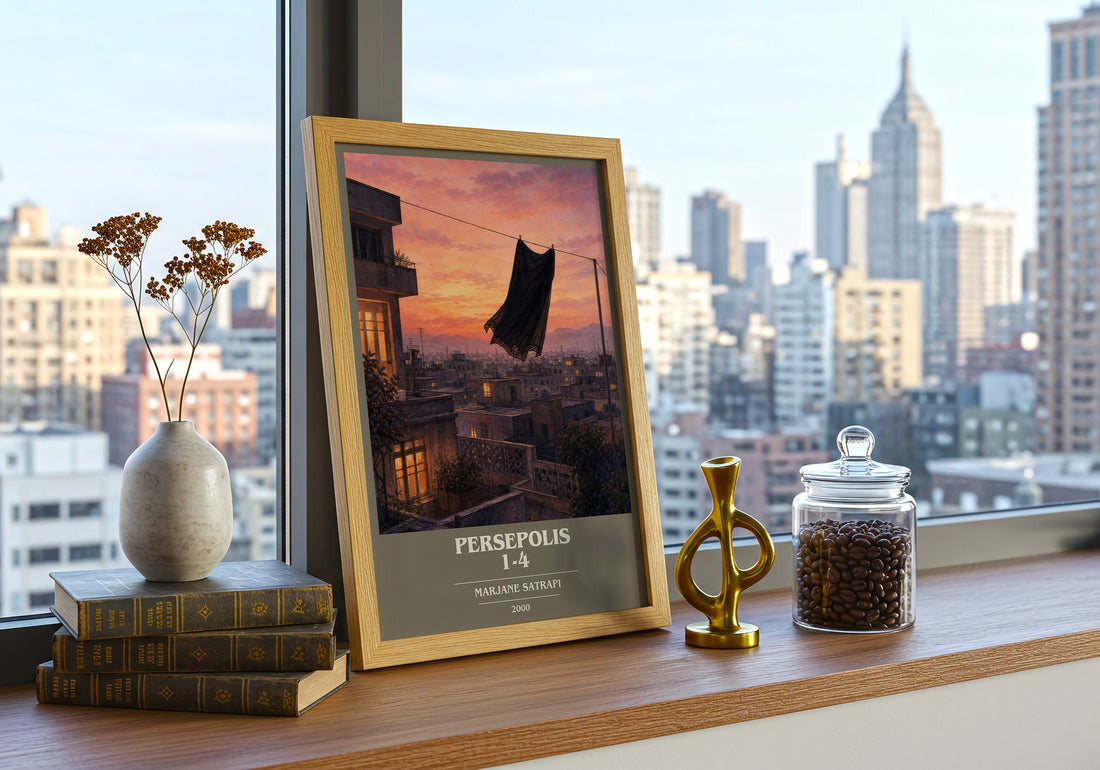 Persepolis 1-4 book cover print framed by window – literary home decor