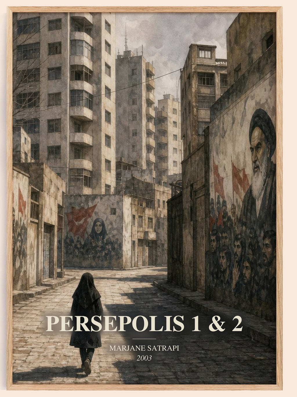 Persepolis 1 & 2 watercolour book poster by Marjane Satrapi – framed literary art print