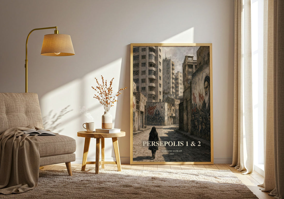 Persepolis 1 & 2 watercolour print in frame leaning in hallway – memoir wall art