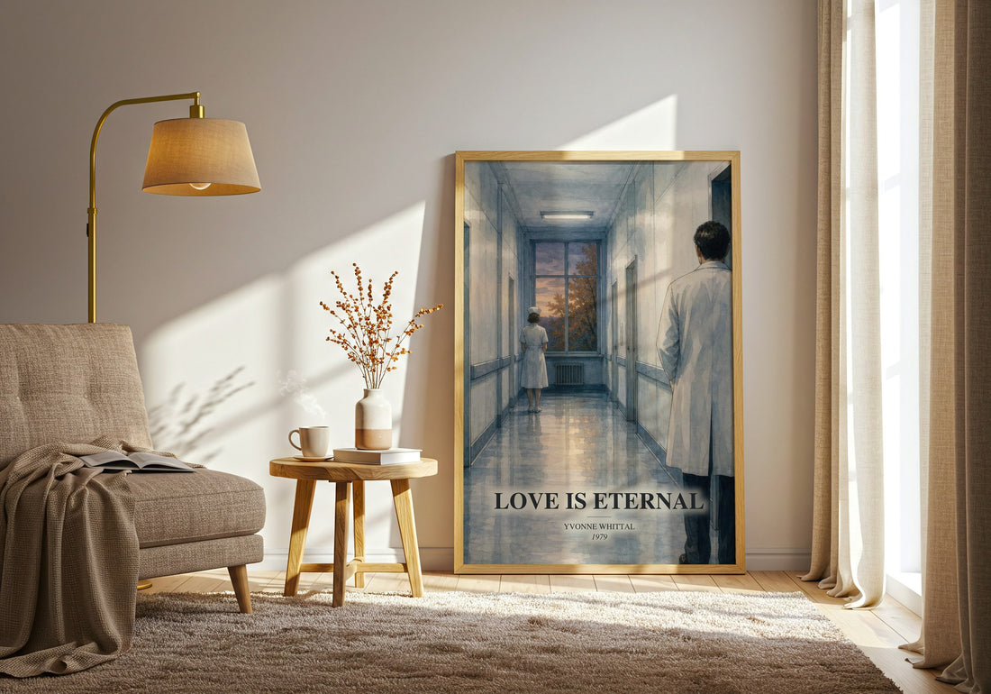 Love is Eternal watercolour print in frame leaning in hallway – romance wall art