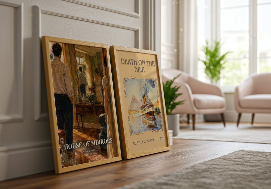 House of Mirrors watercolour print framed by window – literary home decor