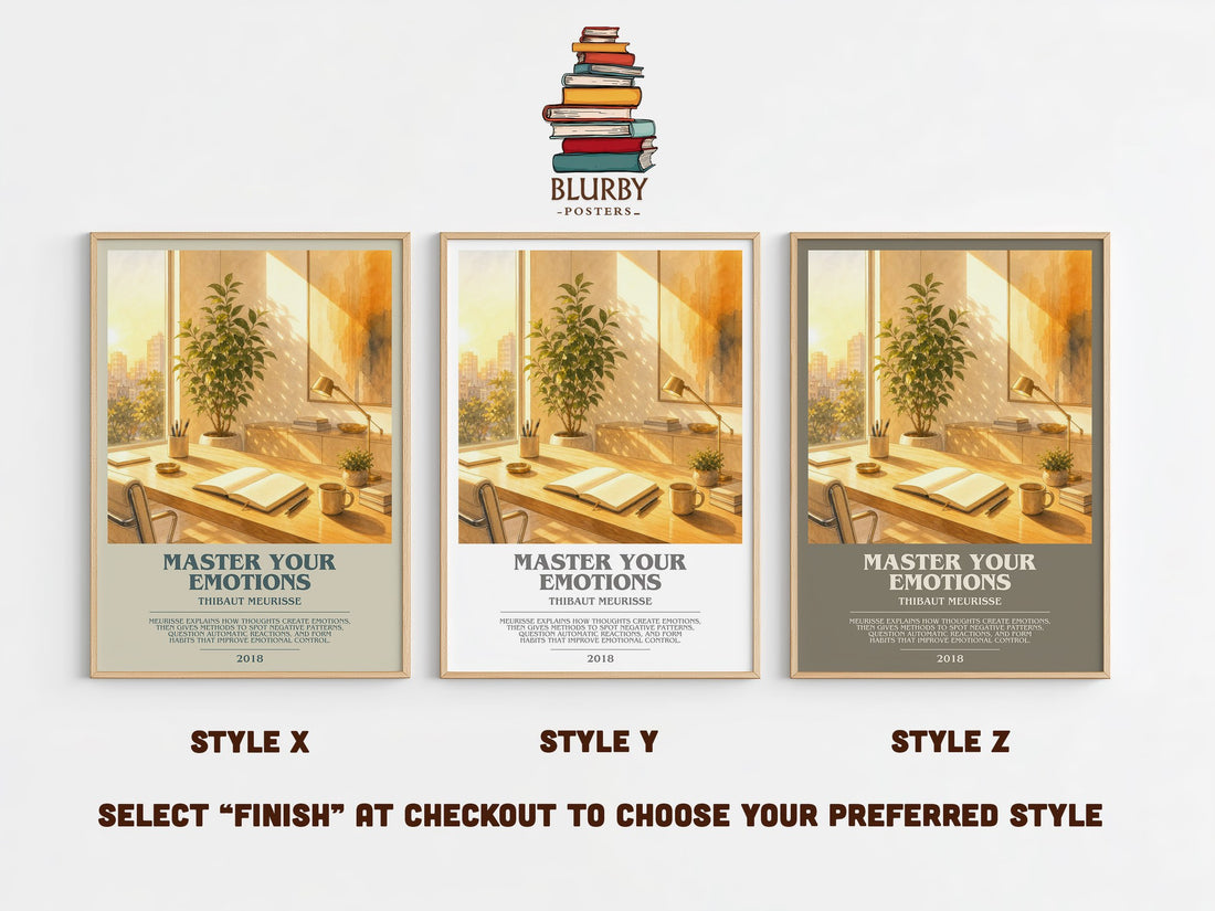 Master Your Emotions bookish print in frame leaning in hallway – non fiction wall art (mockup)