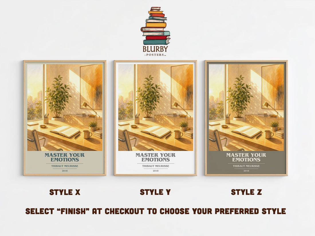 Master Your Emotions book cover print in frame leaning in hallway – non fiction wall art (mockup)