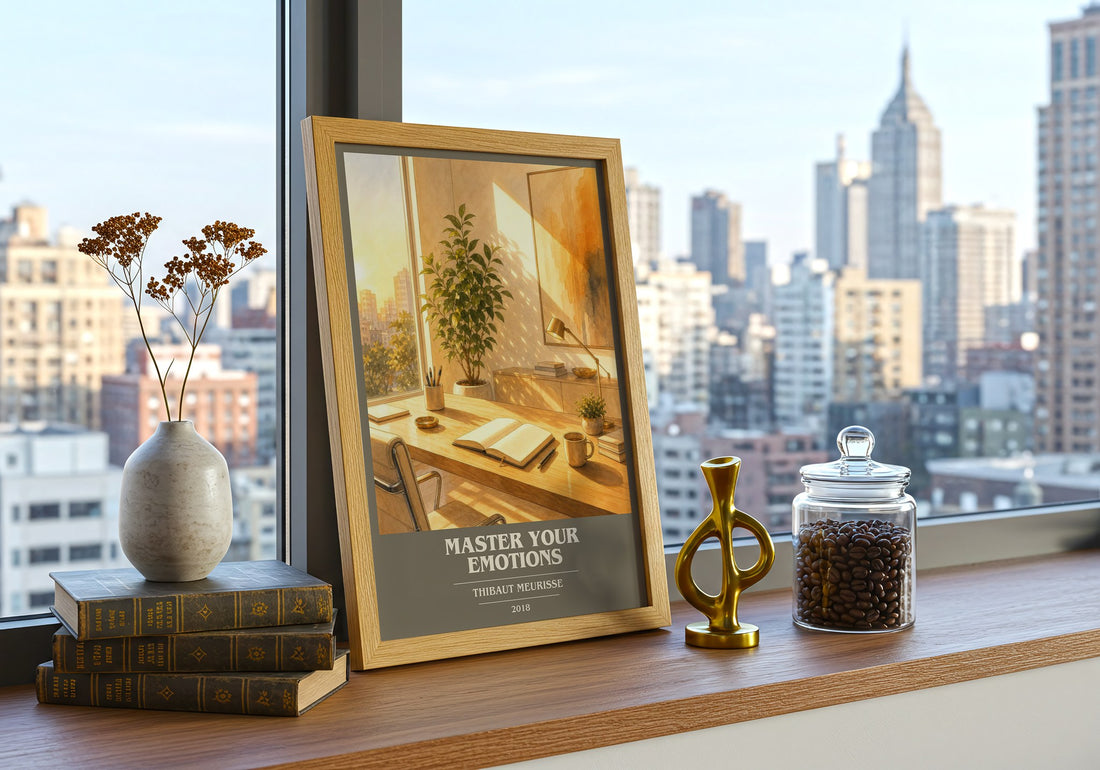 Master Your Emotions book cover print framed by window – literary home decor