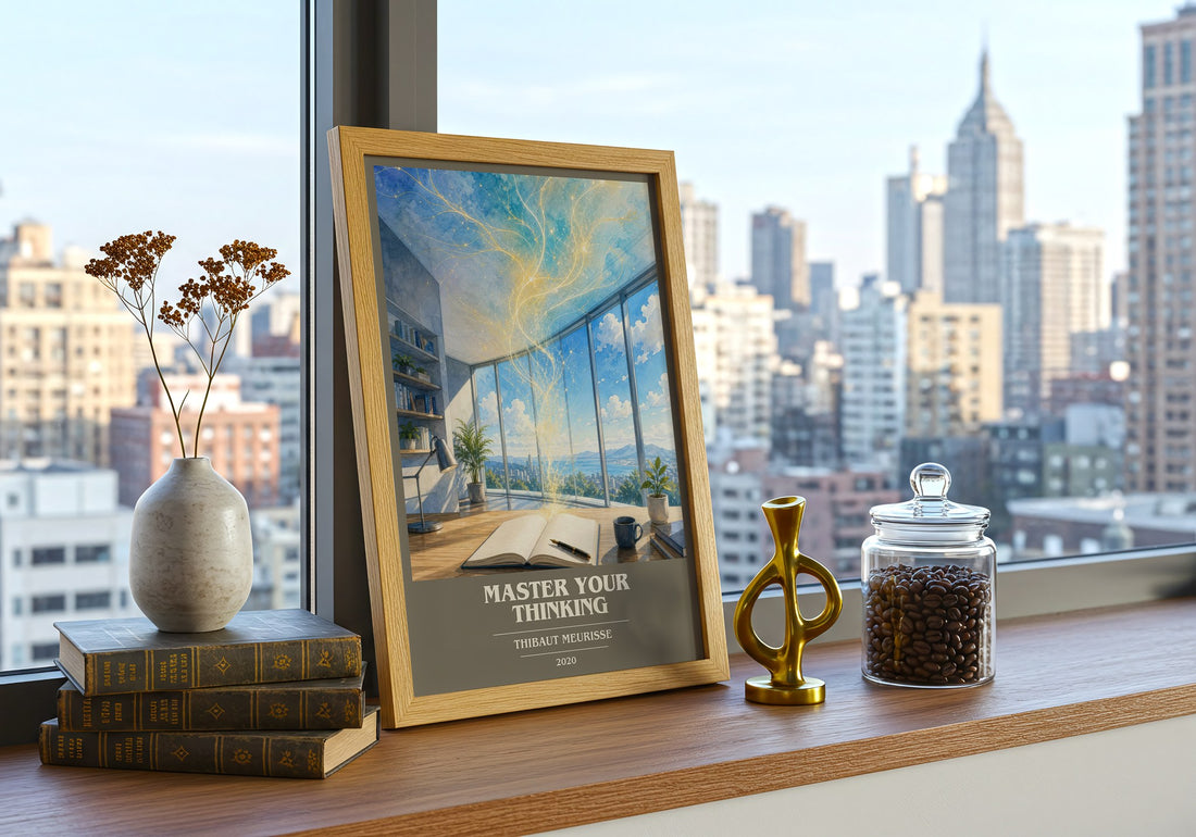 Master Your Thinking book cover print framed by window – literary home decor