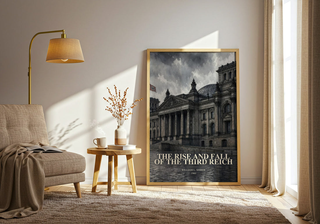 The Rise and Fall of the Third Reich watercolour print in frame leaning in hallway – non fiction wall art