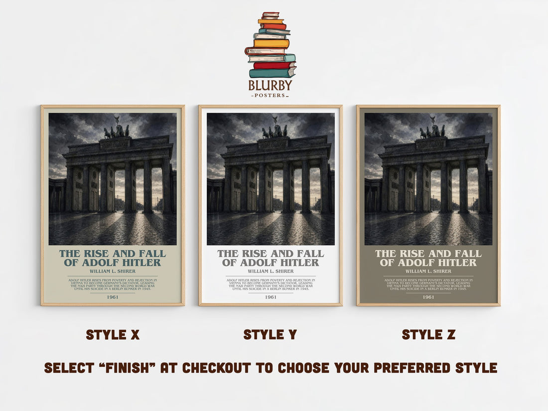 The rise and fall of Adolf Hitler bookish print in frame leaning in hallway – non fiction wall art (mockup)