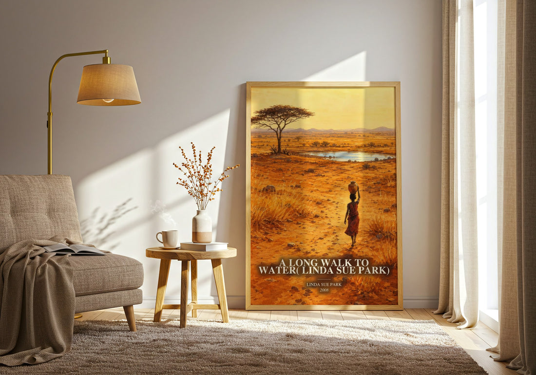 A Long Walk to Water( Linda Sue Park) watercolour print in frame leaning in hallway – young adult wall art