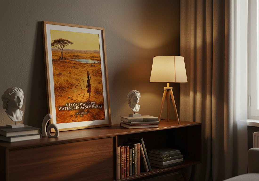 A Long Walk to Water( Linda Sue Park) watercolour print on bookshelf – Linda Sue Park fan gift