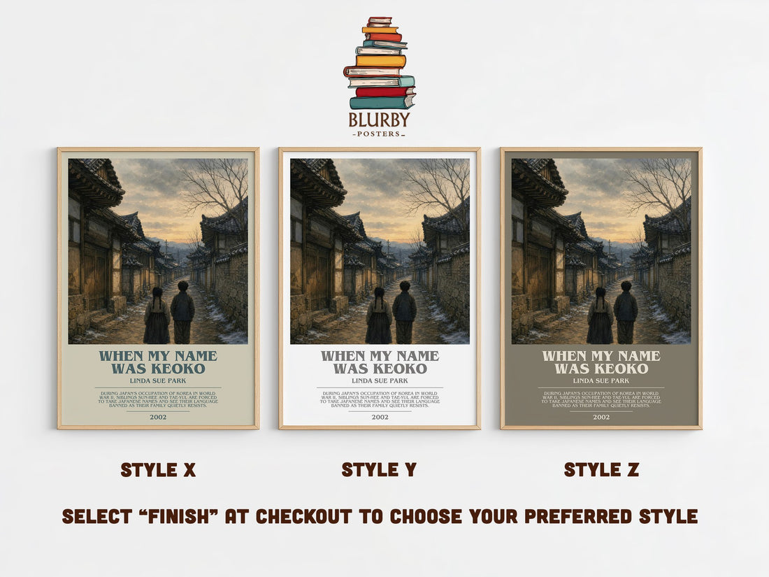 When my name was Keoko bookish print in frame leaning in hallway – historical fiction wall art (mockup)