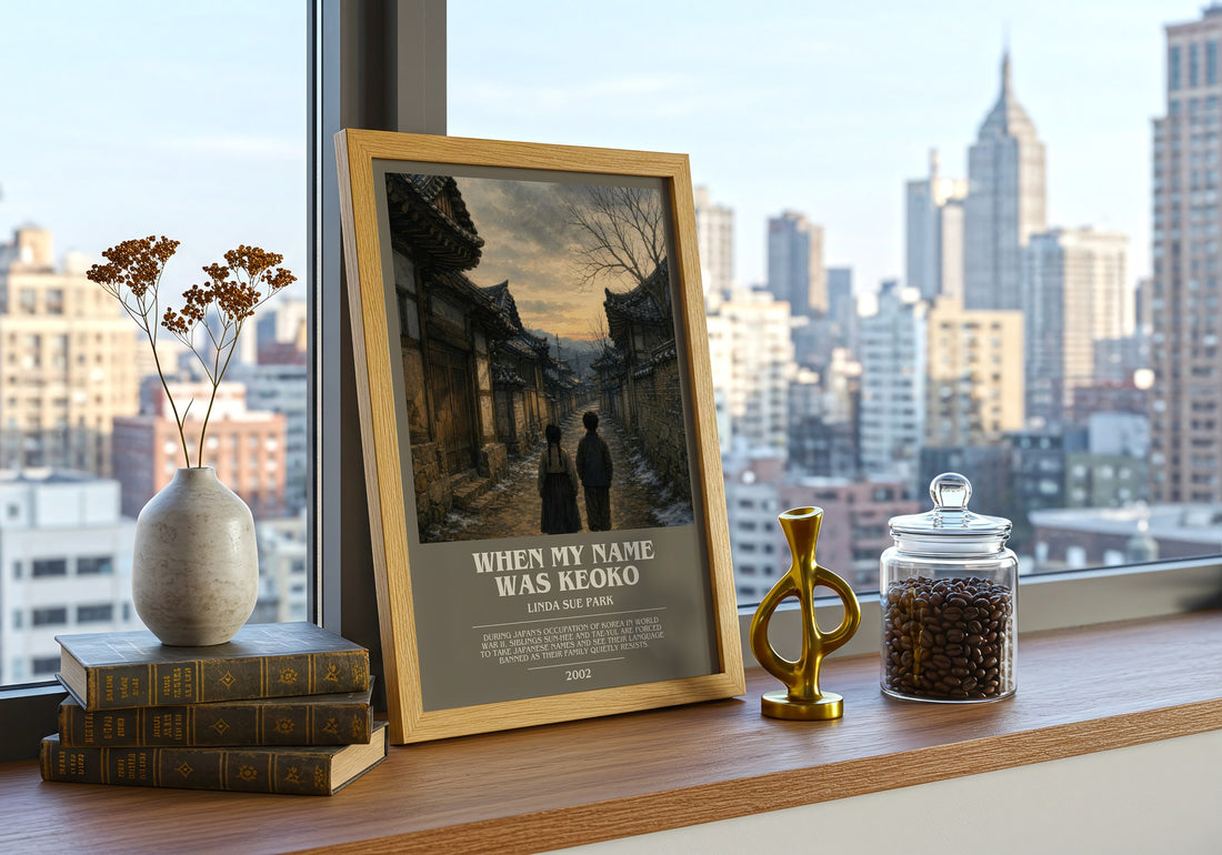 When my name was Keoko bookish print framed by window – literary home decor
