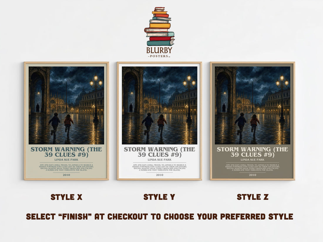 Storm Warning (The 39 Clues #9) bookish print in frame leaning in hallway – adventure wall art (mockup)