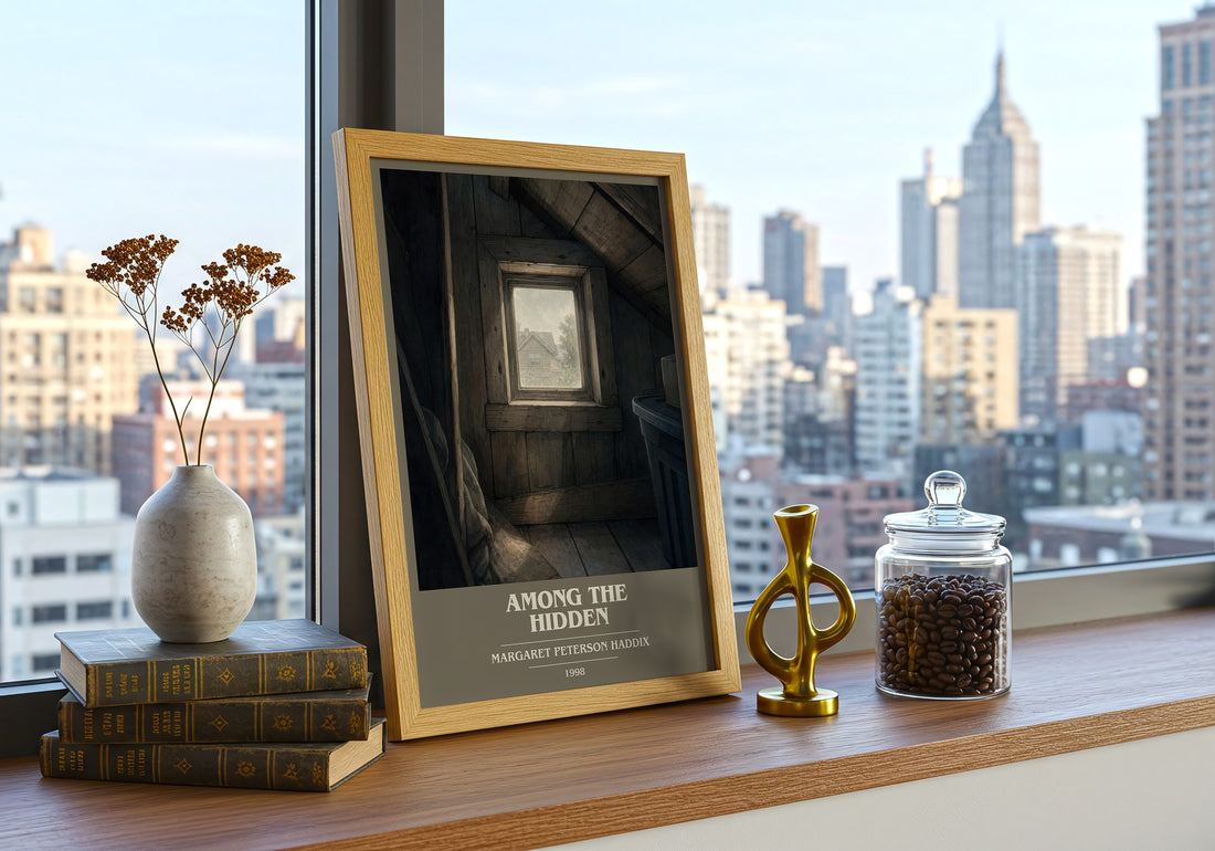 Among the Hidden book cover print framed by window – literary home decor