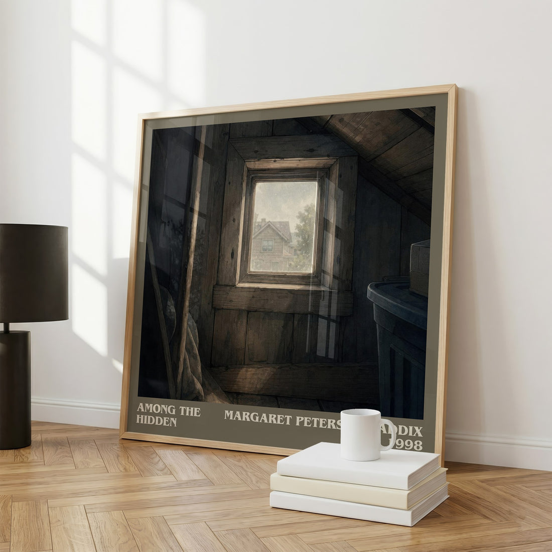 Among the Hidden literary print framed by window – literary home decor