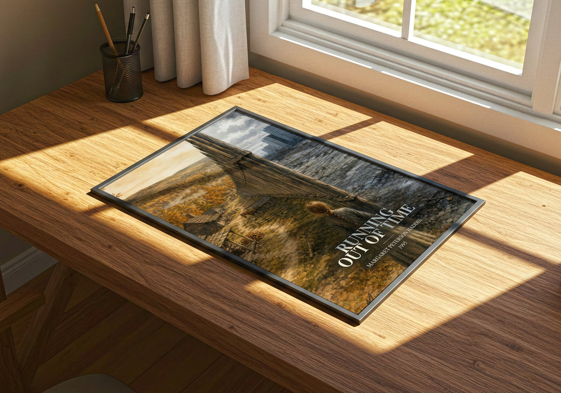 Running Out of Time watercolour book poster framed on wall – young adult wall art