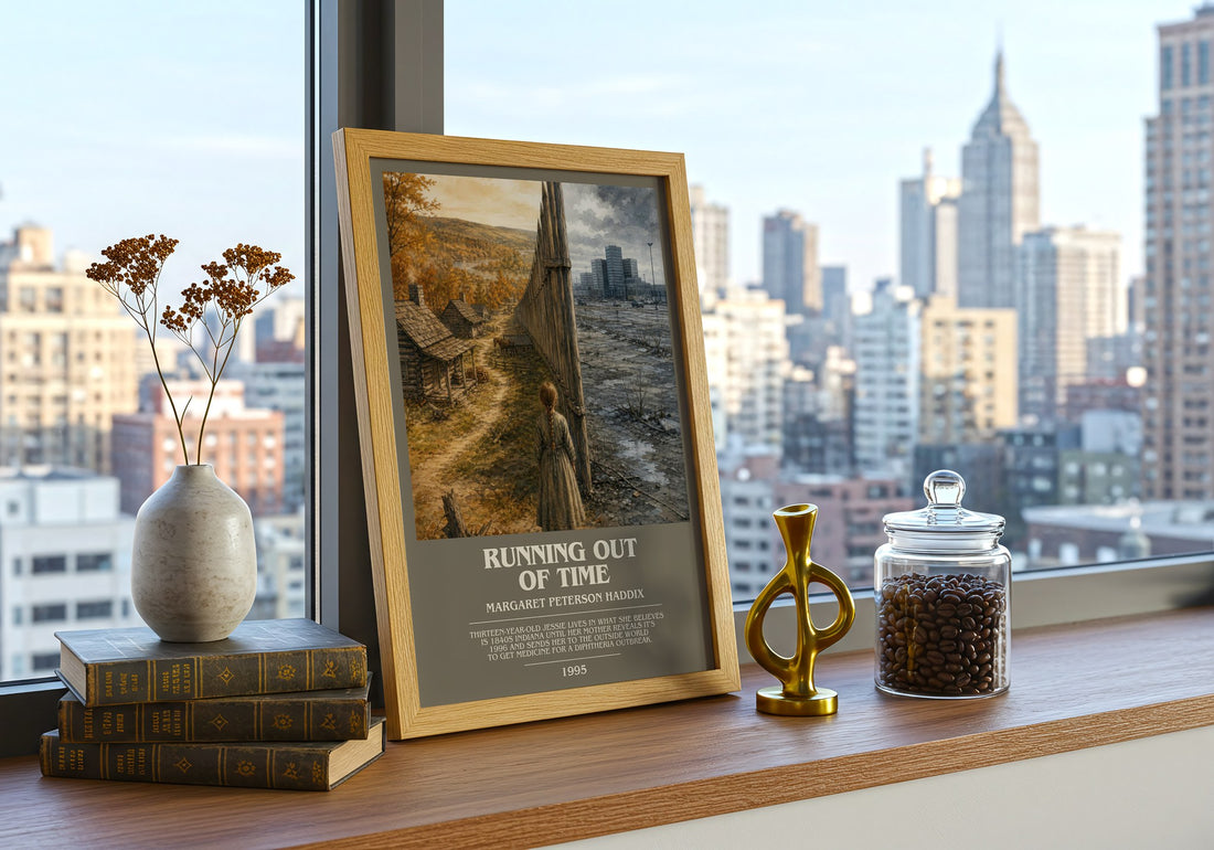 Running Out of Time bookish print framed by window – literary home decor