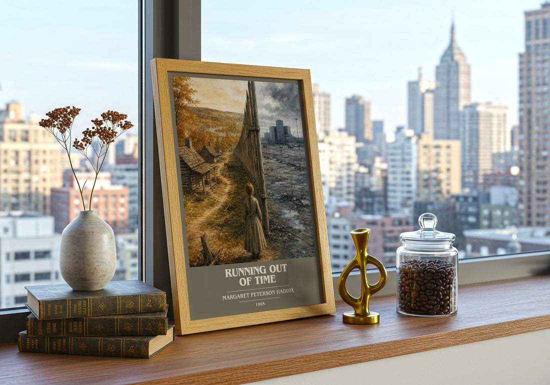 Running Out of Time book cover print framed by window – literary home decor