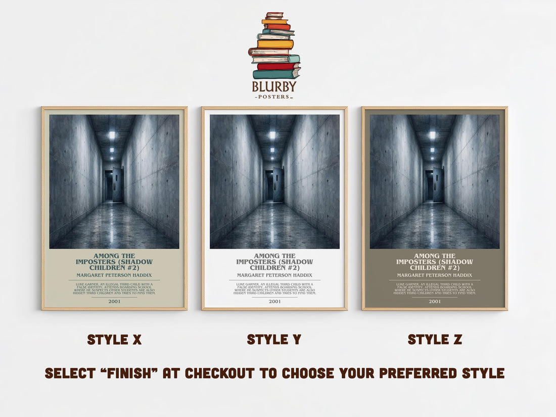 Among the Imposters (Shadow Children #2) bookish print in frame leaning in hallway – young adult wall art (mockup)