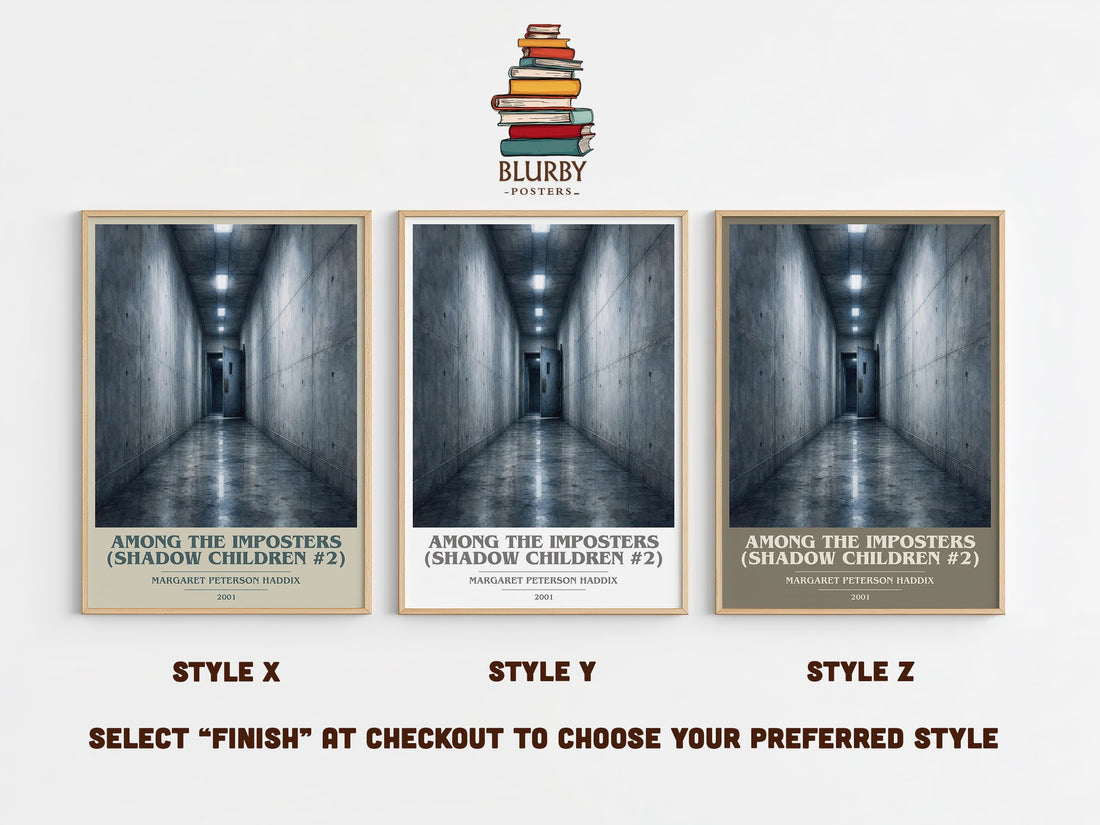 Among the Imposters (Shadow Children #2) book cover print in frame leaning in hallway – young adult wall art (mockup)