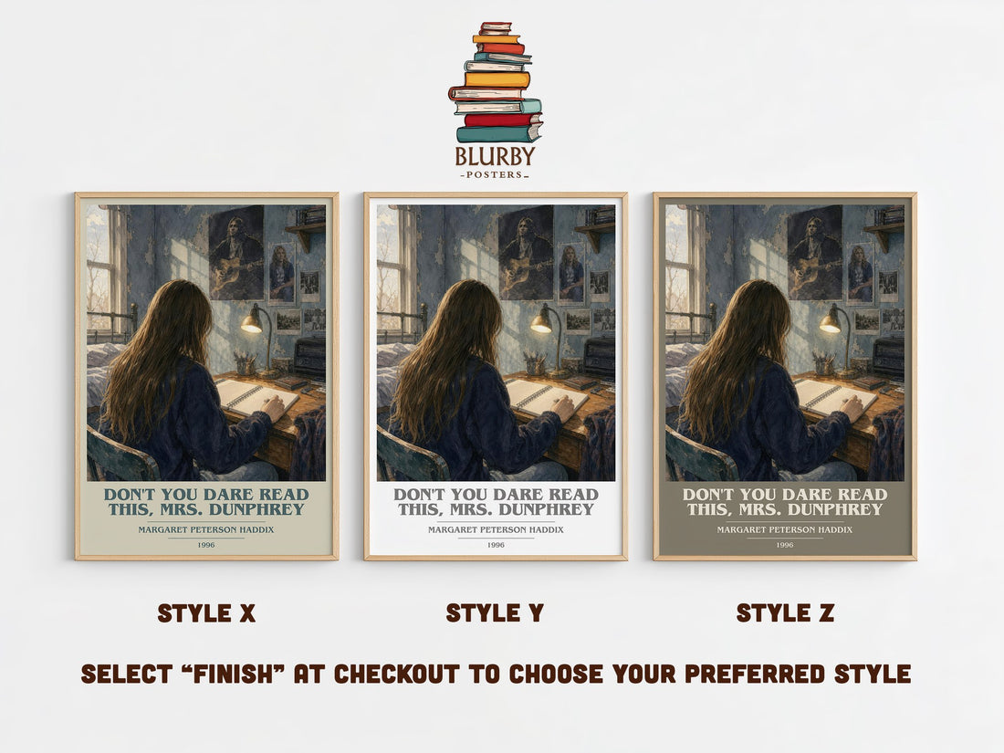 Don't You Dare Read This, Mrs. Dunphrey book cover print in frame leaning in hallway – young adult wall art (mockup)