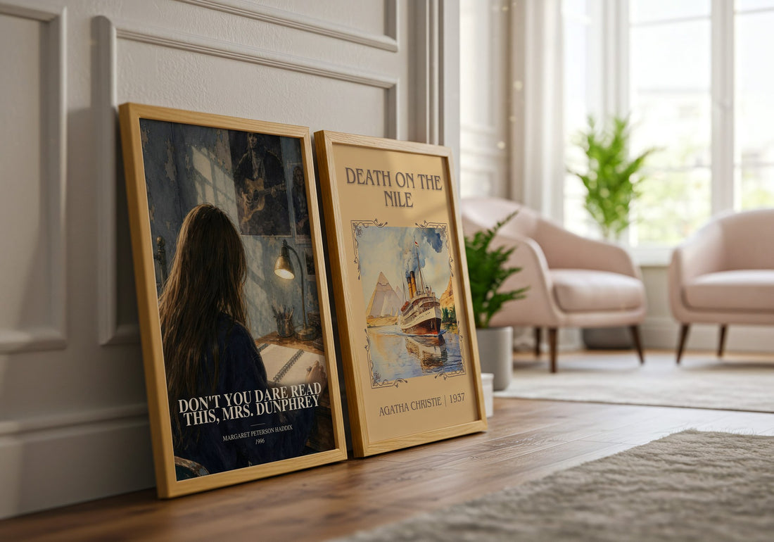 Don't You Dare Read This, Mrs. Dunphrey watercolour print framed by window – literary home decor