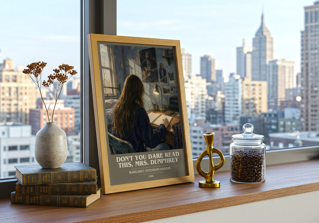 Don't You Dare Read This, Mrs. Dunphrey book cover print framed by window – literary home decor
