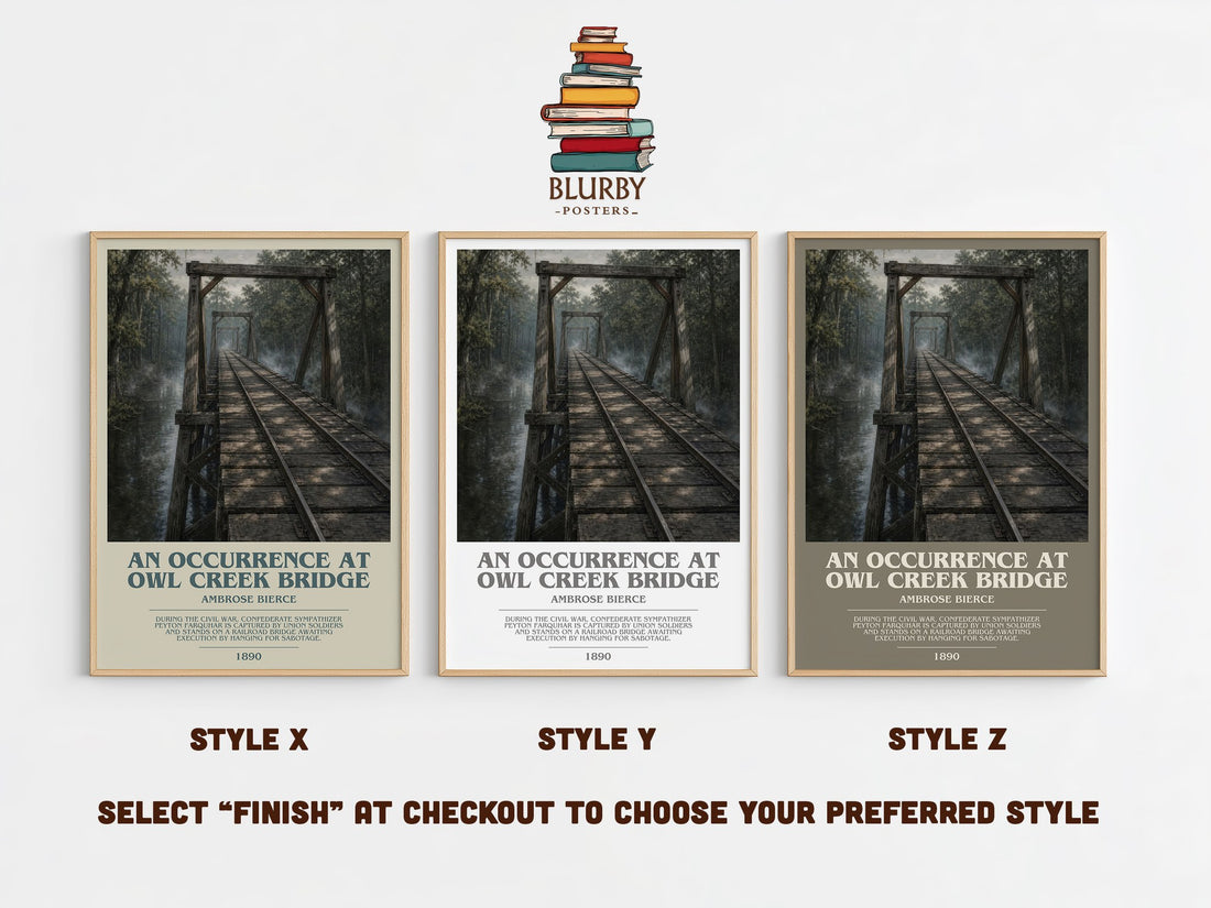 An Occurrence at Owl Creek Bridge bookish print in frame leaning in hallway – literary fiction wall art (mockup)