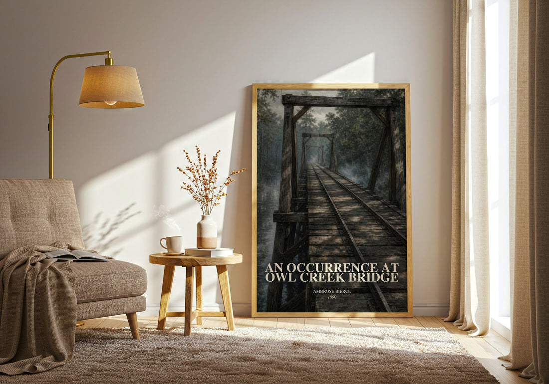 An Occurrence at Owl Creek Bridge watercolour print in frame leaning in hallway – literary fiction wall art