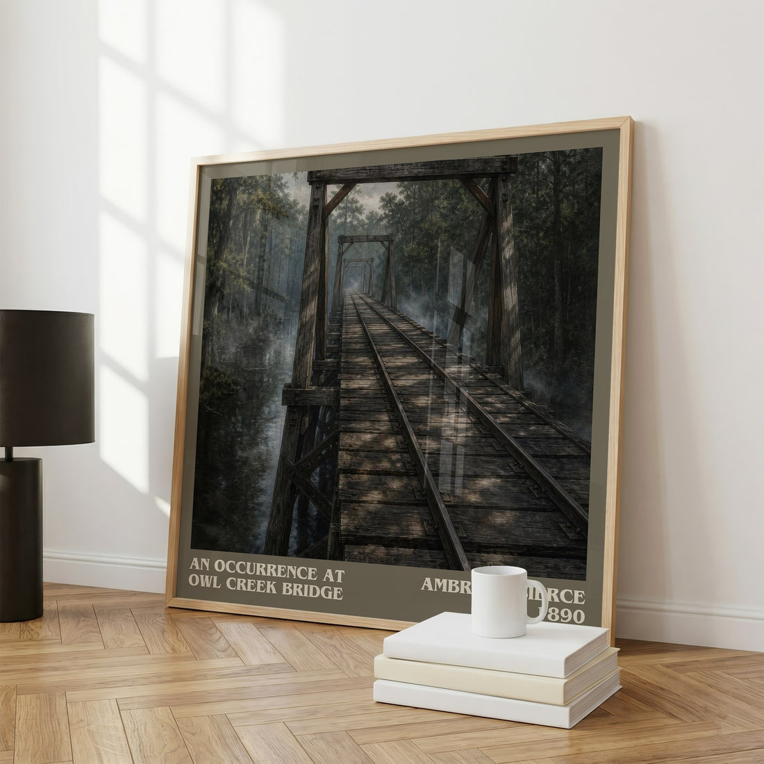 An Occurrence at Owl Creek Bridge literary print framed by window – literary home decor