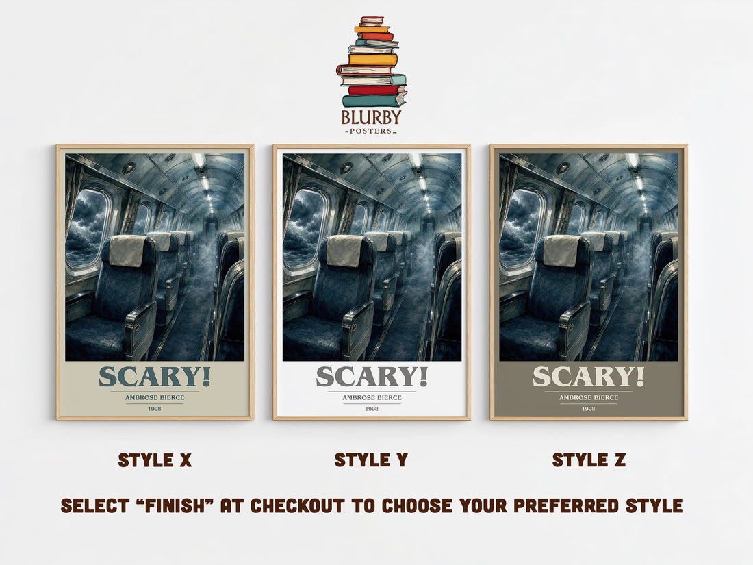 Scary! book cover print in frame leaning in hallway – horror wall art (mockup)