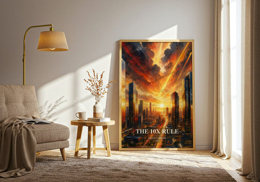 The 10x rule watercolour print in frame leaning in hallway – non fiction wall art