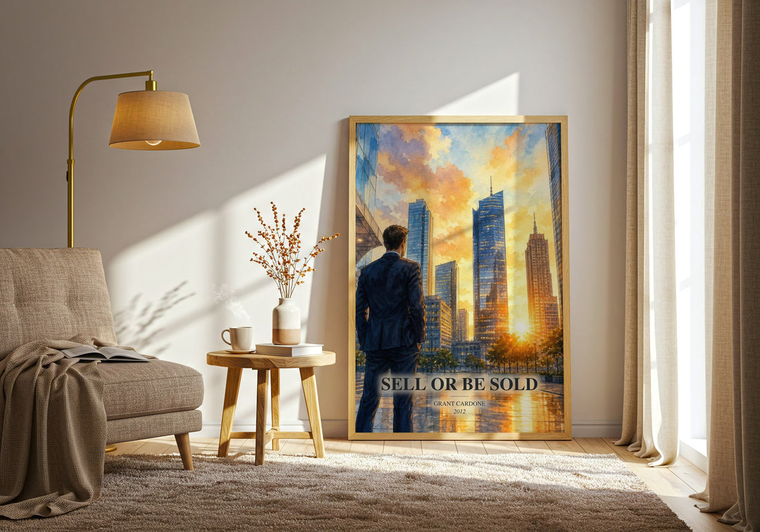 Sell or Be Sold watercolour print in frame leaning in hallway – non fiction wall art