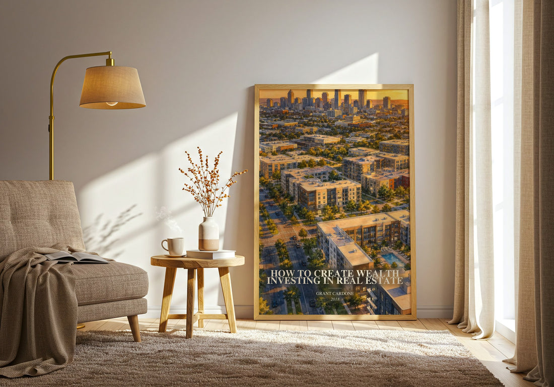 How to Create Wealth Investing in Real Estate watercolour print in frame leaning in hallway – non fiction wall art
