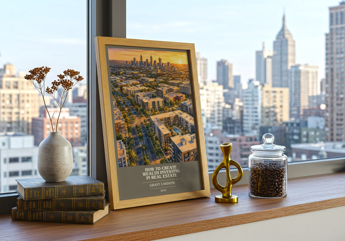 How to Create Wealth Investing in Real Estate book cover print framed by window – literary home decor