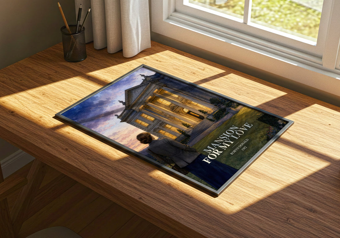 Mansion for My Love watercolour book poster framed on wall – romance wall art