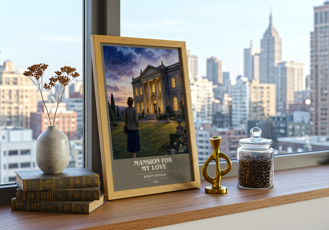 Mansion for My Love book cover print framed by window – literary home decor