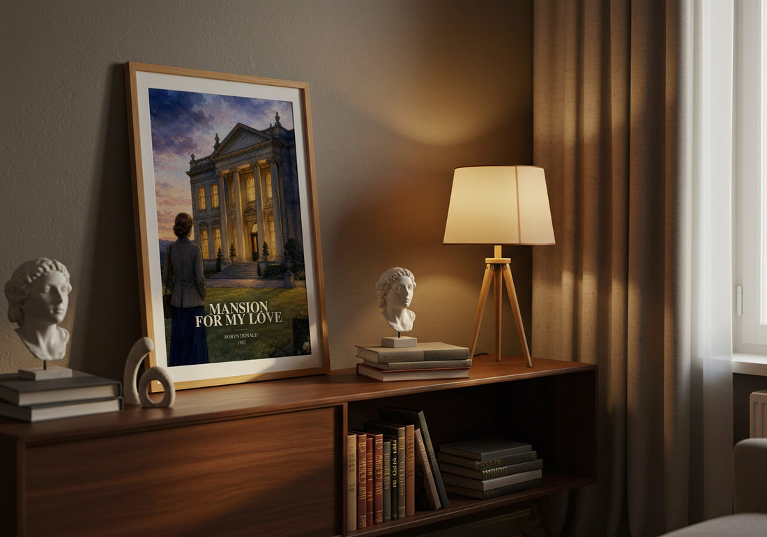 Mansion for My Love watercolour print on bookshelf – Robyn Donald fan gift