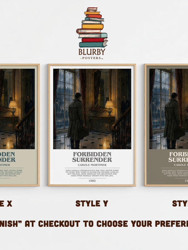 Forbidden Surrender bookish print in frame leaning in hallway – romance wall art