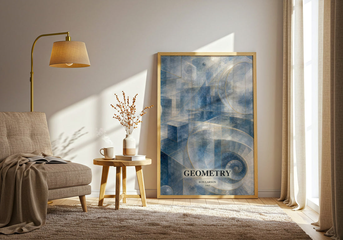 Geometry watercolour print in frame leaning in hallway – non fiction wall art