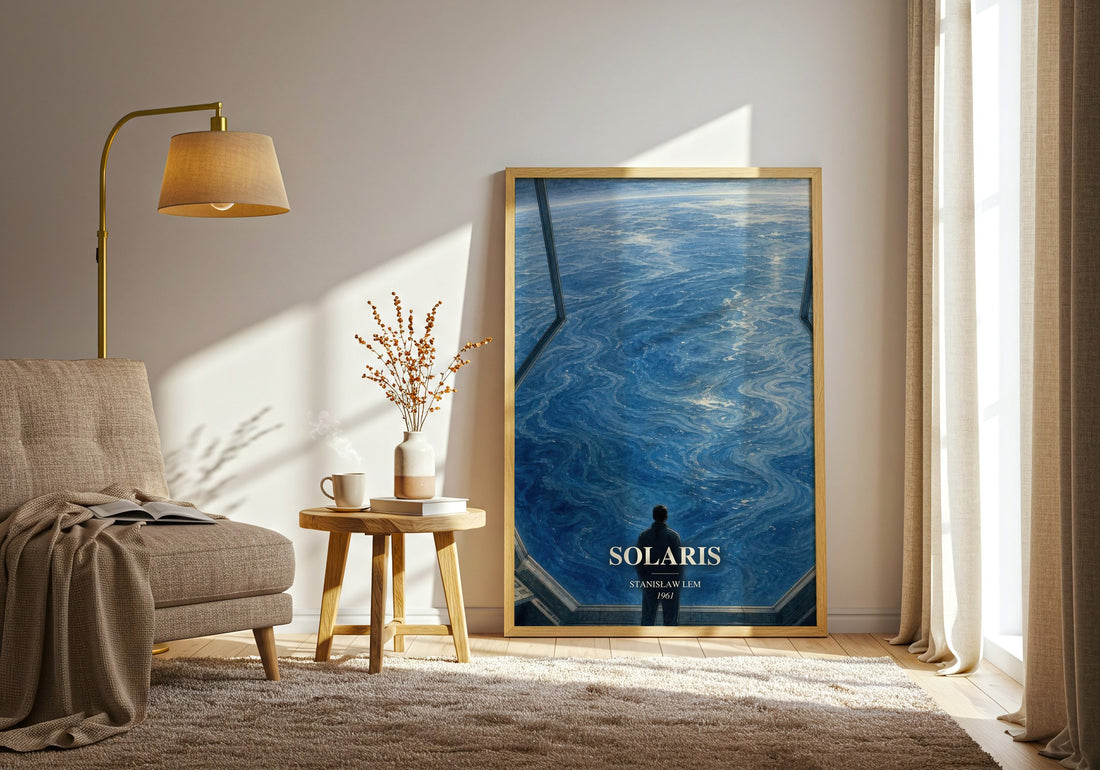 Solaris watercolour print in frame leaning in hallway – sci fi wall art