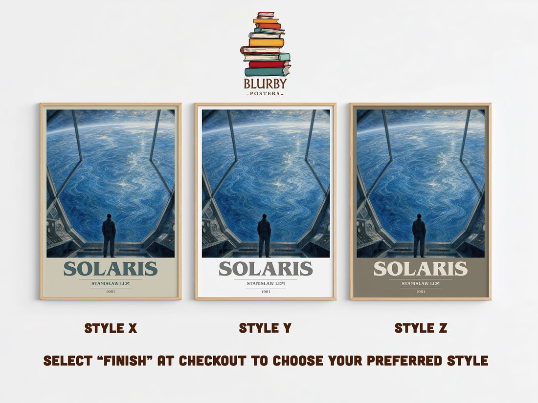Solaris book cover print in frame leaning in hallway – sci fi wall art (mockup)