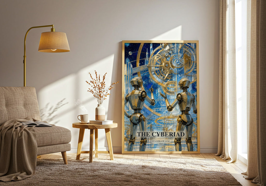The Cyberiad watercolour print in frame leaning in hallway – sci fi wall art