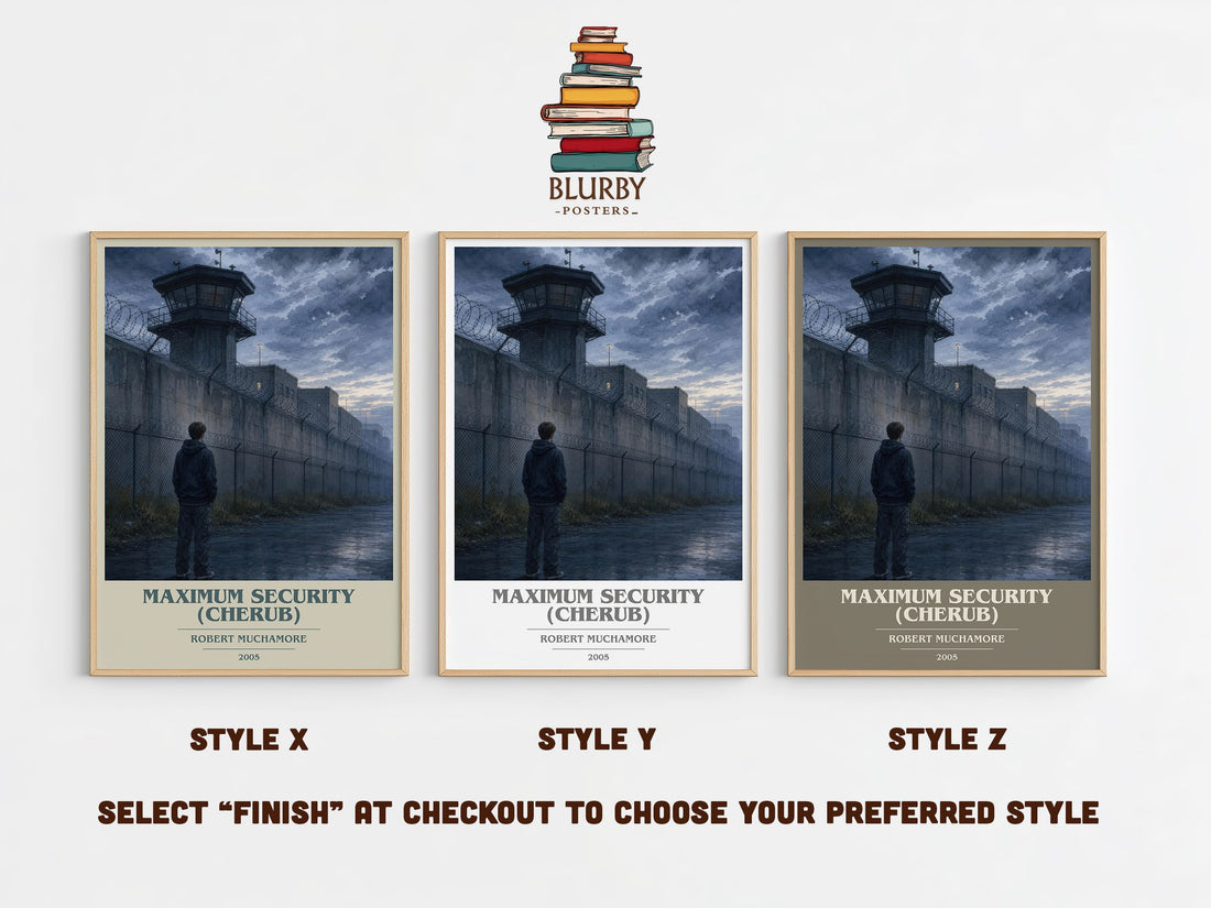 Maximum Security (CHERUB) book cover print in frame leaning in hallway – young adult wall art (mockup)