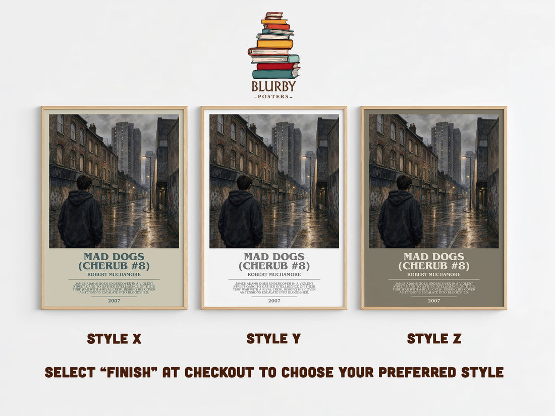 Mad Dogs (CHERUB #8) bookish print in frame leaning in hallway – young adult wall art (mockup)