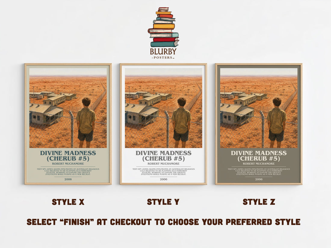 Divine Madness (CHERUB #5) bookish print in frame leaning in hallway – young adult wall art (mockup)