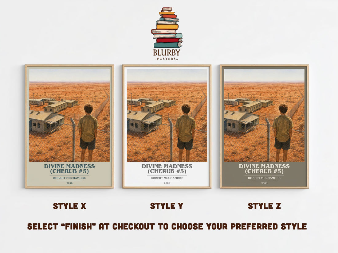 Divine Madness (CHERUB #5) book cover print in frame leaning in hallway – young adult wall art (mockup)