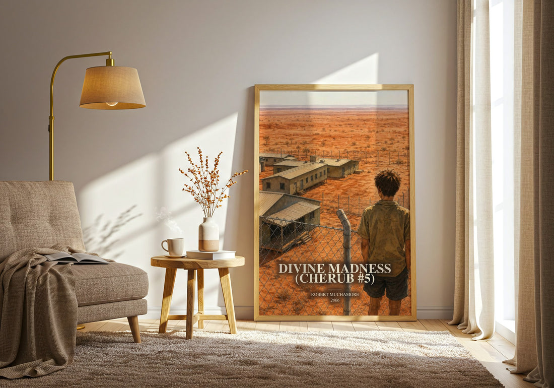 Divine Madness (CHERUB #5) watercolour print in frame leaning in hallway – young adult wall art