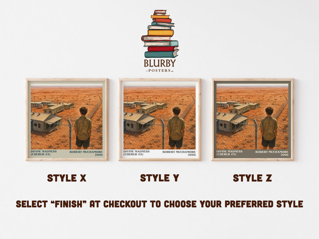 Divine Madness (CHERUB #5) literary print in frame leaning in hallway – young adult wall art (mockup)